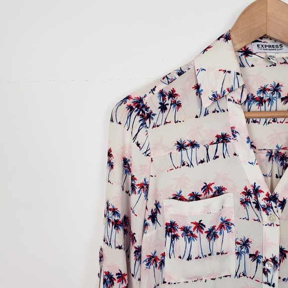 Express Tops - Express Portofino Palm Tree Button Up Blouse